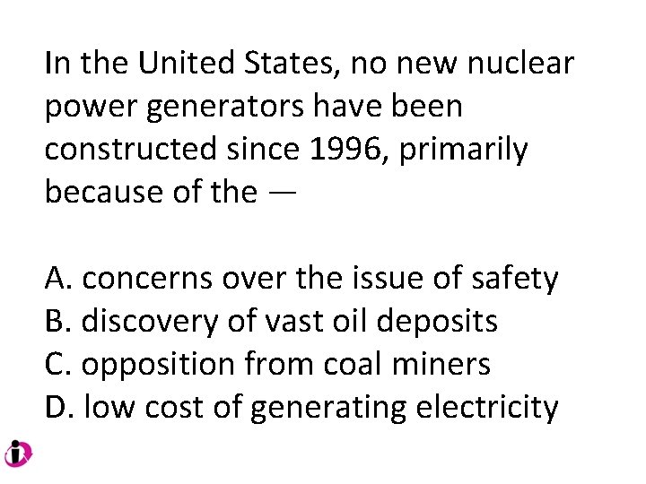 In the United States, no new nuclear power generators have been constructed since 1996, In the United States, no new nuclear power generators have been constructed since 1996,