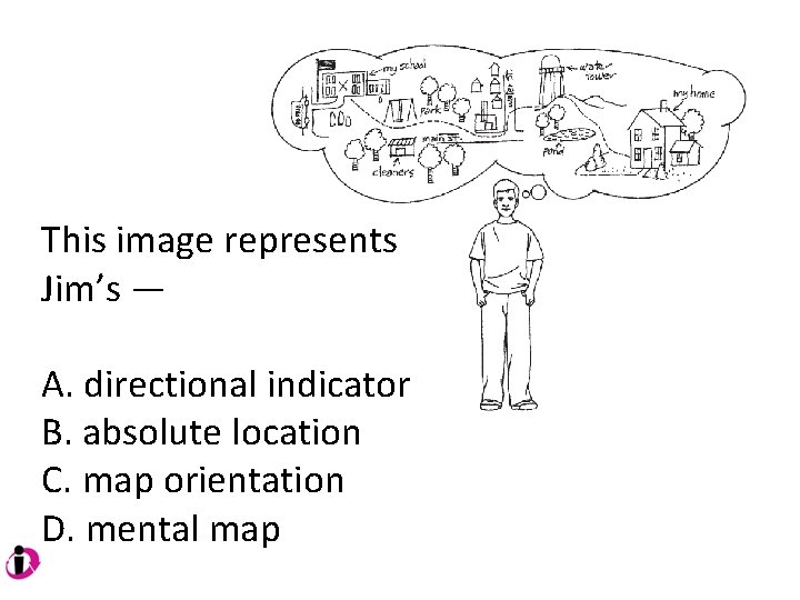 This image represents Jim’s — A. directional indicator B. absolute location C. map orientation This image represents Jim’s — A. directional indicator B. absolute location C. map orientation