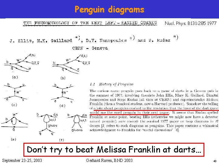 Penguin diagrams Nucl. Phys. B 131: 285 1977 Don’t try to beat Melissa Franklin