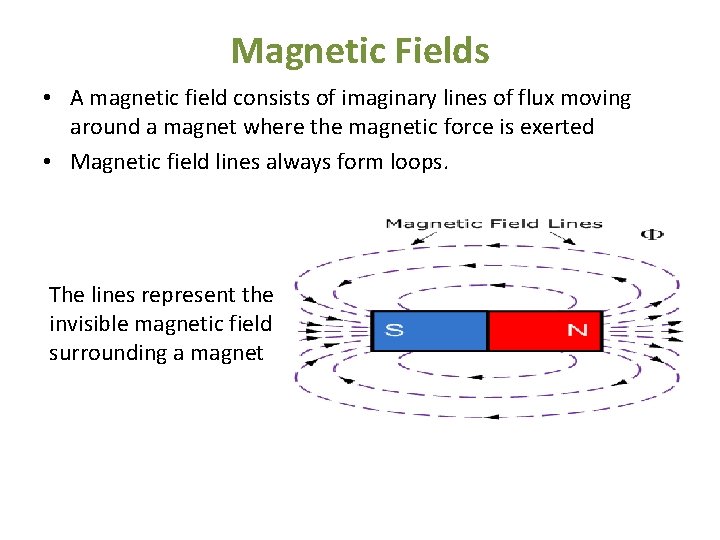 Magnetic Fields • A magnetic field consists of imaginary lines of flux moving around