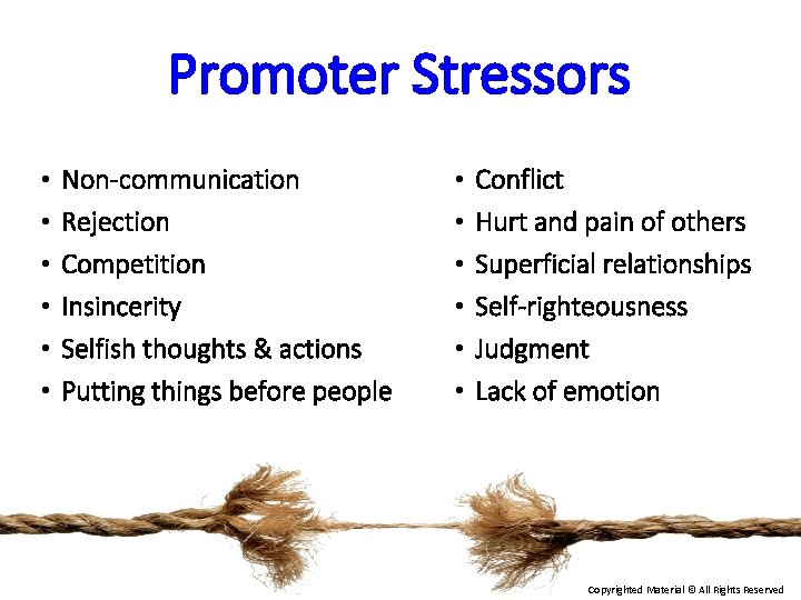 Promoter Stressors • • • Non-communication Rejection Competition Insincerity Selfish thoughts & actions Putting