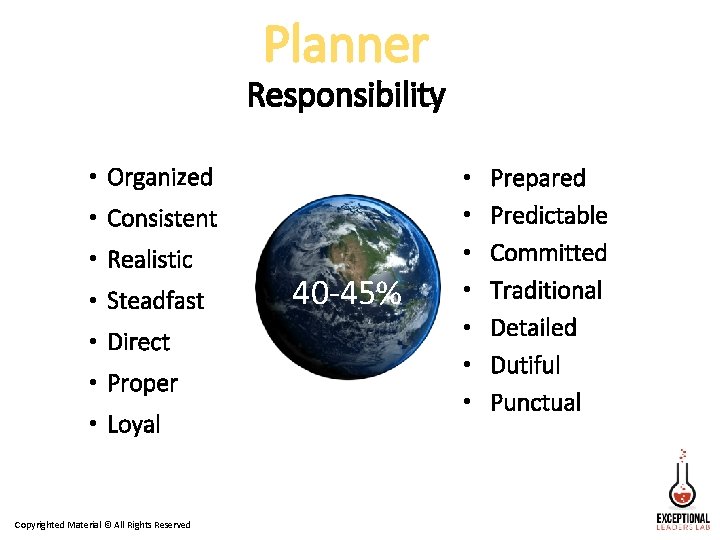 Planner Responsibility • Organized • Consistent • Realistic • Steadfast • Direct • Proper