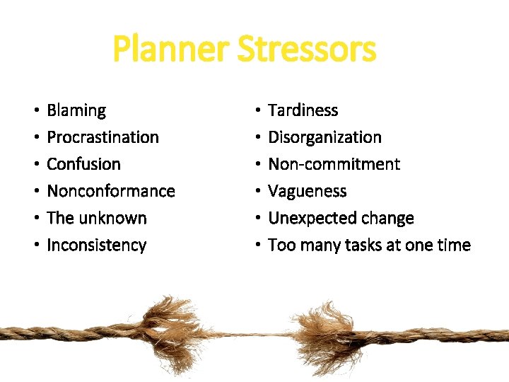 Planner Stressors • • • Blaming Procrastination Confusion Nonconformance The unknown Inconsistency • •