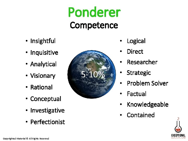 Ponderer Competence • Insightful • Logical • Inquisitive • Direct • Analytical • Researcher