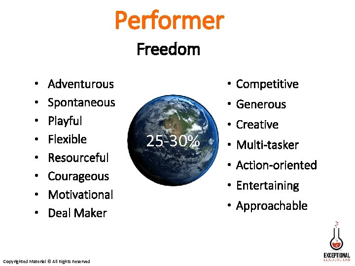 Performer Freedom • • Adventurous Spontaneous Playful Flexible Resourceful Courageous Motivational Deal Maker Copyrighted