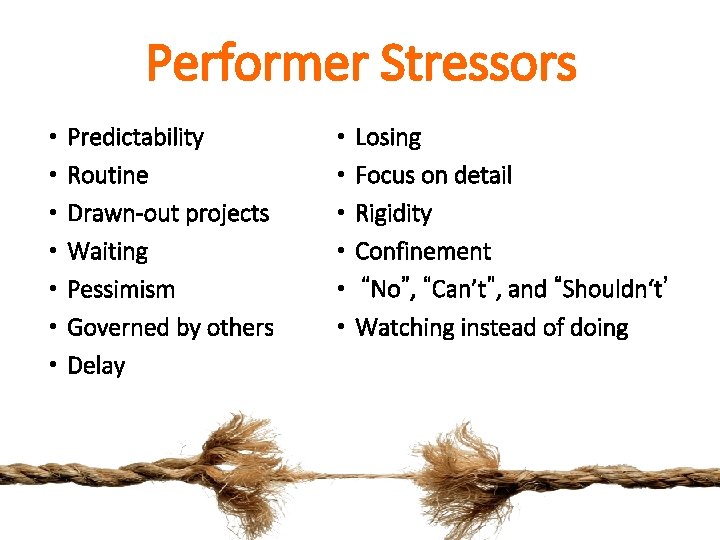 Performer Stressors • • Predictability Routine Drawn-out projects Waiting Pessimism Governed by others Delay