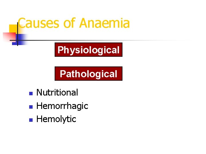 Causes of Anaemia Physiological Pathological n n n Nutritional Hemorrhagic Hemolytic 