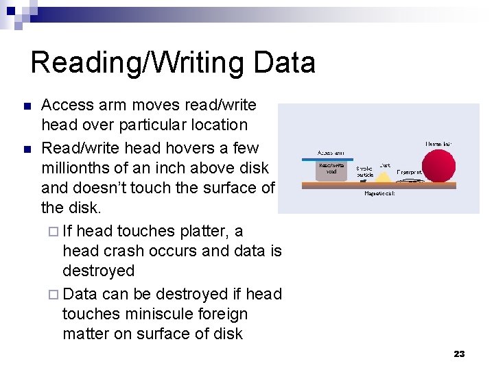 Reading/Writing Data n n Access arm moves read/write head over particular location Read/write head