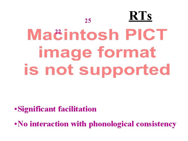 25 RTs 22 • Significant facilitation • No interaction with phonological consistency 