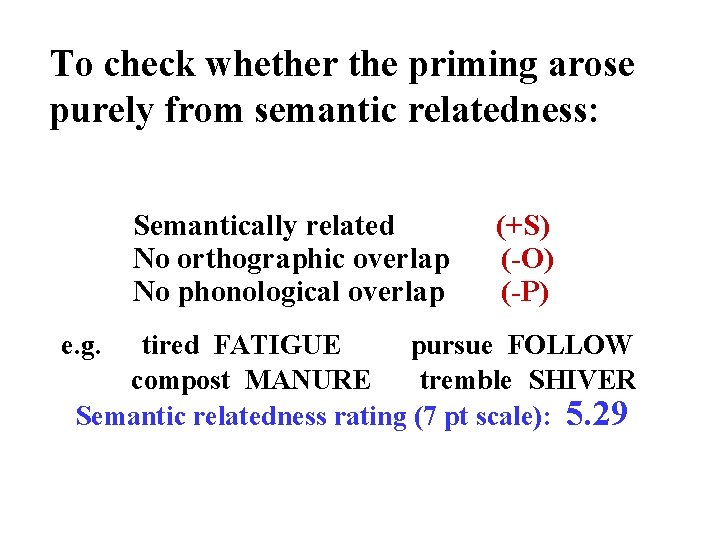 To check whether the priming arose purely from semantic relatedness: Semantically related No orthographic