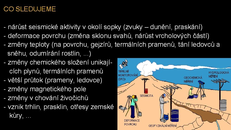 CO SLEDUJEME - nárůst seismické aktivity v okolí sopky (zvuky – dunění, praskání) -