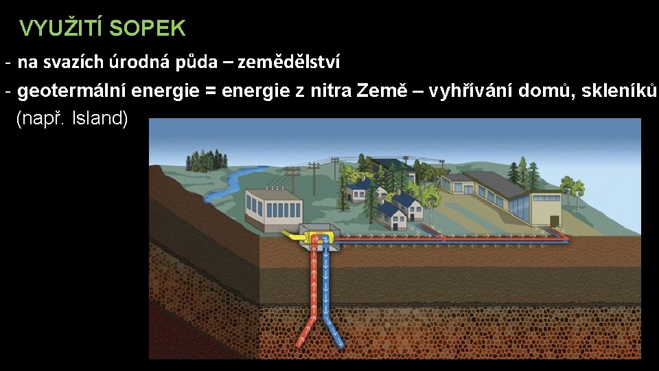 VYUŽITÍ SOPEK - na svazích úrodná půda – zemědělství - geotermální energie = energie