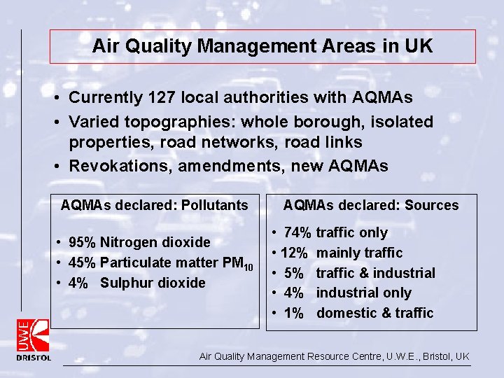 Air Quality Management Areas in UK • Currently 127 local authorities with AQMAs •