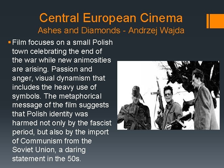 Central European Cinema Ashes and Diamonds - Andrzej Wajda § Film focuses on a