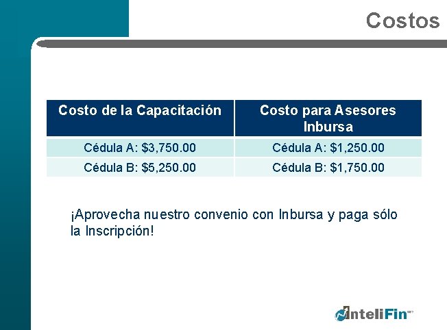 Costos Costo de la Capacitación Costo para Asesores Inbursa Cédula A: $3, 750. 00