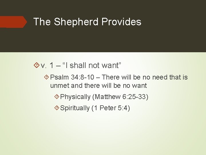 The Shepherd Provides v. 1 – “I shall not want” Psalm 34: 8 -10
