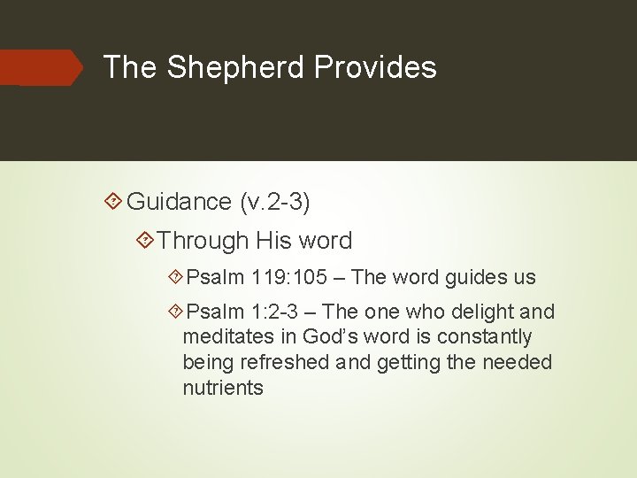 The Shepherd Provides Guidance (v. 2 -3) Through His word Psalm 119: 105 –