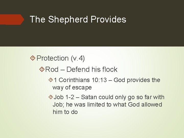 The Shepherd Provides Protection (v. 4) Rod – Defend his flock 1 Corinthians 10:
