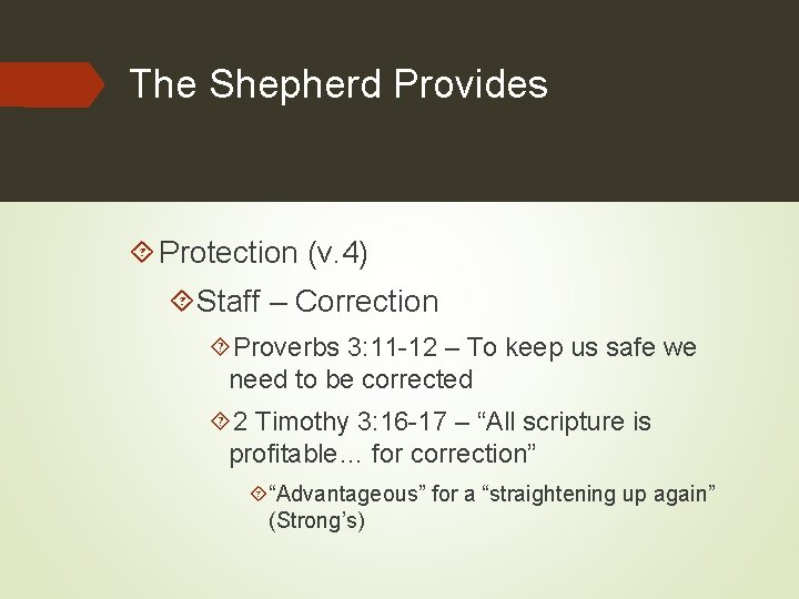The Shepherd Provides Protection (v. 4) Staff – Correction Proverbs 3: 11 -12 –