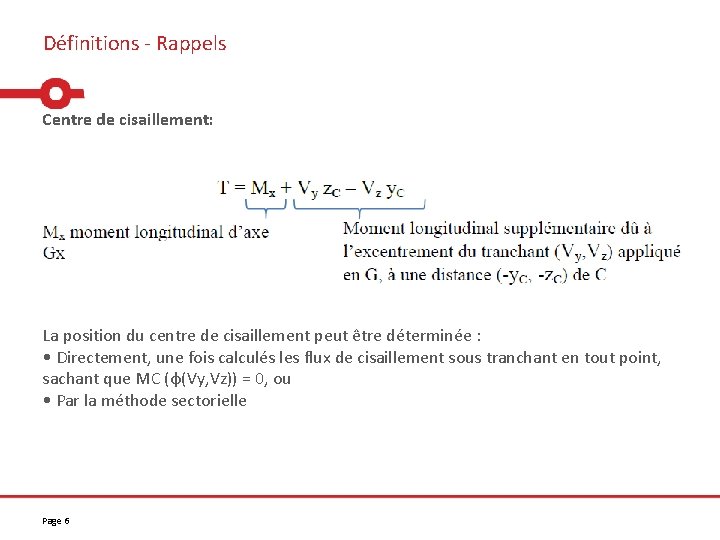 Définitions - Rappels Centre de cisaillement: La position du centre de cisaillement peut être