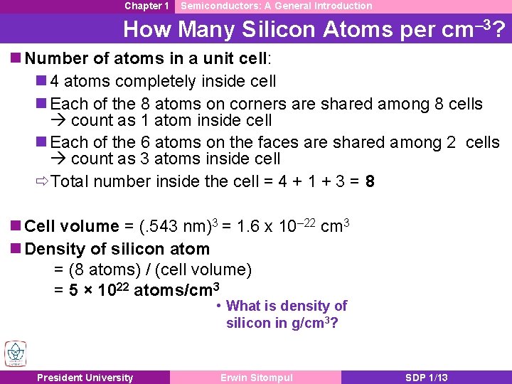 Chapter 1 Semiconductors: A General Introduction How Many Silicon Atoms per cm– 3? n