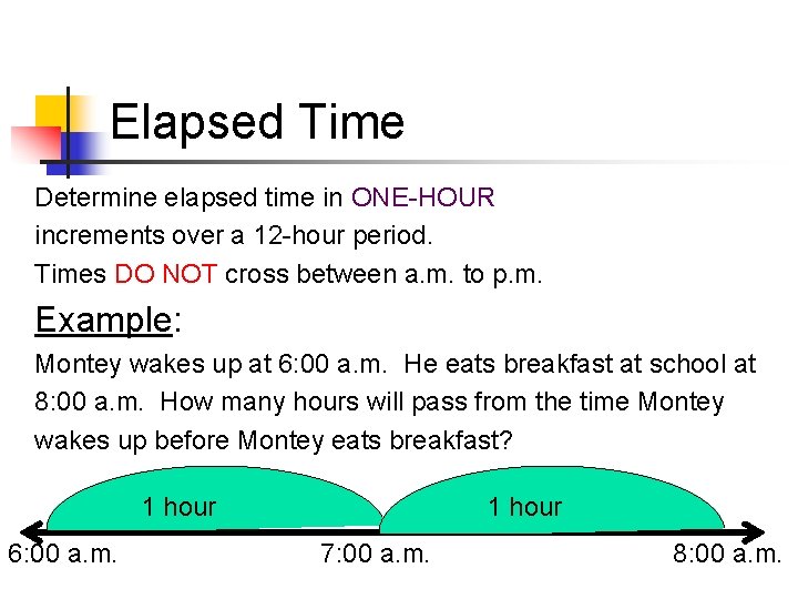 Elapsed Time Determine elapsed time in ONE-HOUR increments over a 12 -hour period. Times