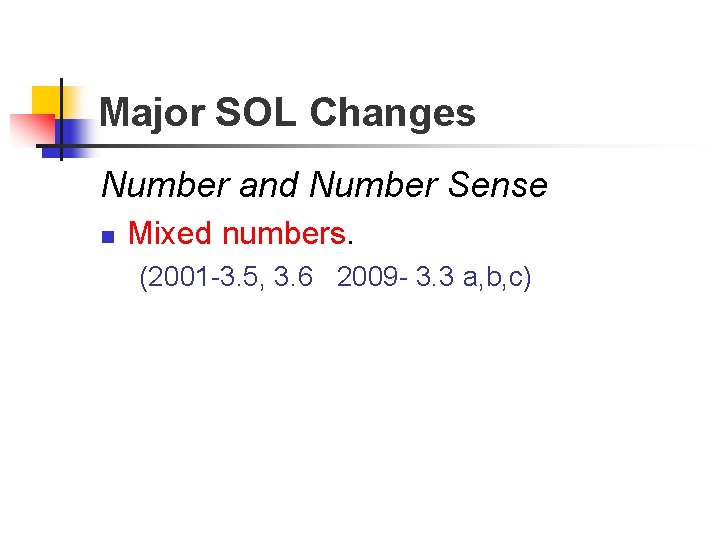  Major SOL Changes Number and Number Sense n Mixed numbers. (2001 -3. 5,