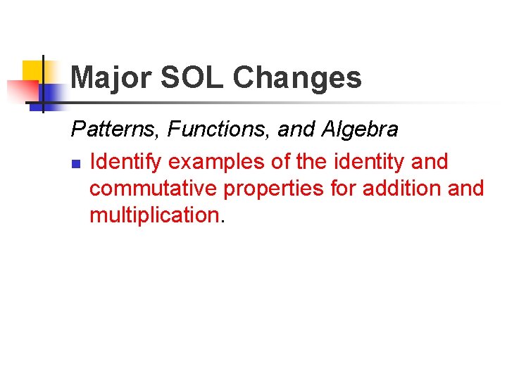 Major SOL Changes Patterns, Functions, and Algebra n Identify examples of the identity and