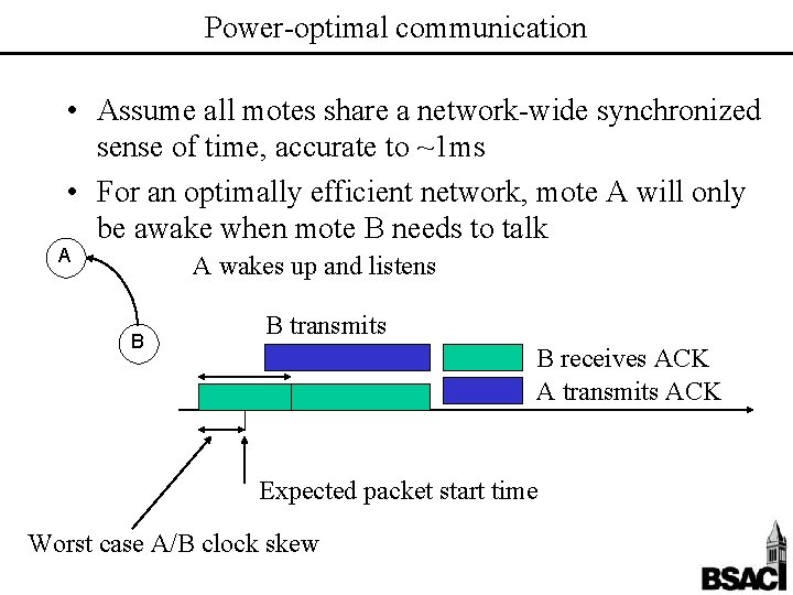 Power-optimal communication • Assume all motes share a network-wide synchronized sense of time, accurate