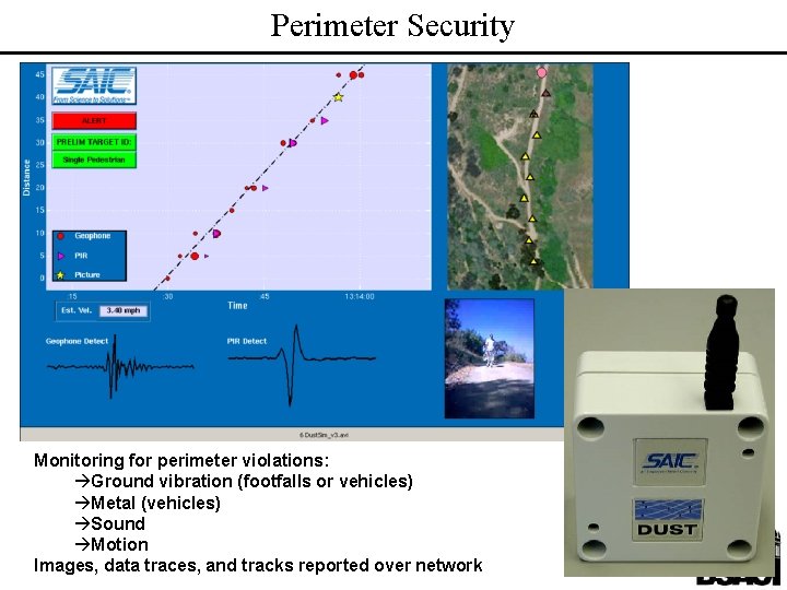 Perimeter Security Monitoring for perimeter violations: Ground vibration (footfalls or vehicles) Metal (vehicles) Sound