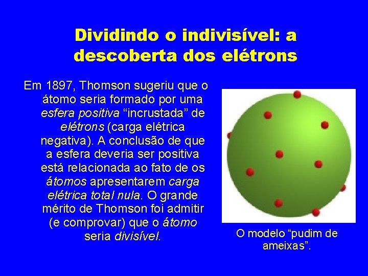 Dividindo o indivisível: a descoberta dos elétrons Em 1897, Thomson sugeriu que o átomo