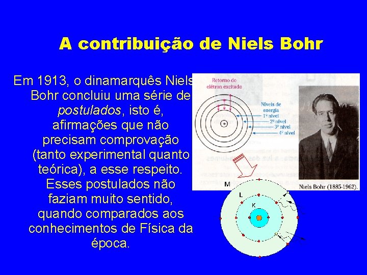 A contribuição de Niels Bohr Em 1913, o dinamarquês Niels Bohr concluiu uma série