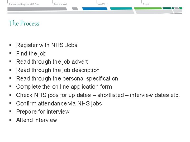 Portsmouth Hospitals NHS Trust QAH Hospital 3/4/2021 Page 3 The Process § § §