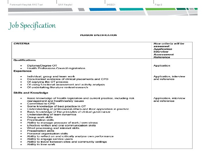 Portsmouth Hospitals NHS Trust Job Specification QAH Hospital 3/4/2021 Page 9 