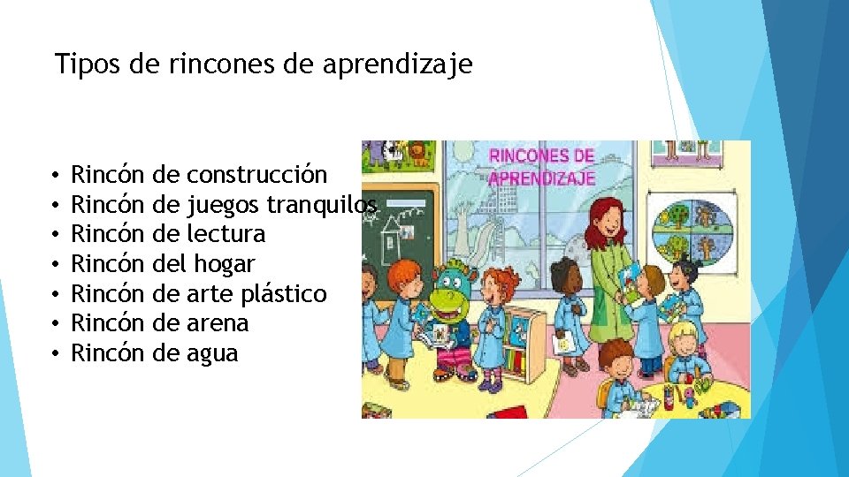 Tipos de rincones de aprendizaje • • Rincón Rincón de construcción de juegos tranquilos