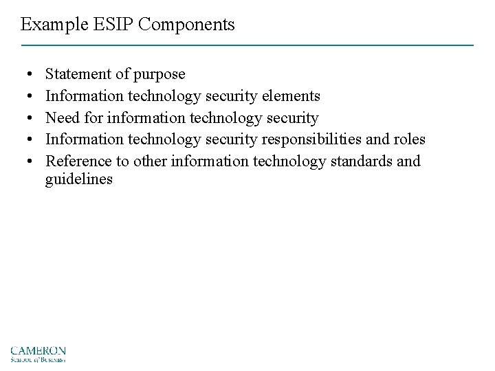 Example ESIP Components • • • Statement of purpose Information technology security elements Need