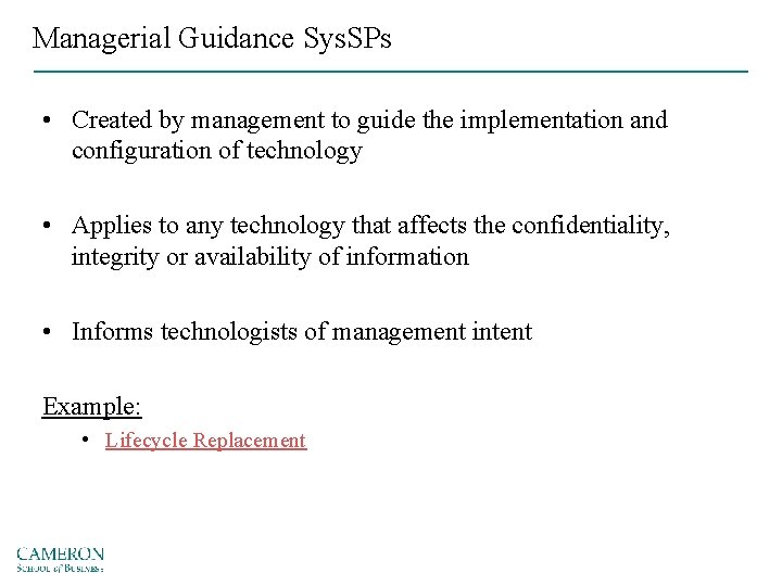 Managerial Guidance Sys. SPs • Created by management to guide the implementation and configuration