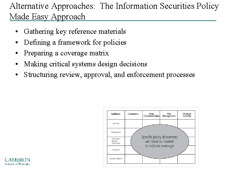 Alternative Approaches: The Information Securities Policy Made Easy Approach • • • Gathering key