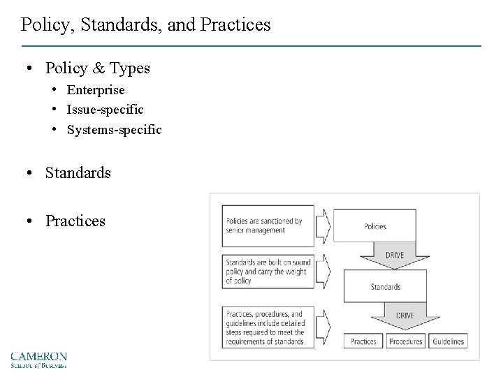 Policy, Standards, and Practices • Policy & Types • Enterprise • Issue-specific • Systems-specific