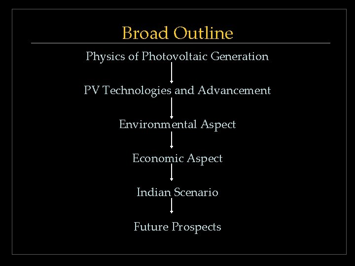 Broad Outline Physics of Photovoltaic Generation PV Technologies and Advancement Environmental Aspect Economic Aspect Broad Outline Physics of Photovoltaic Generation PV Technologies and Advancement Environmental Aspect Economic Aspect