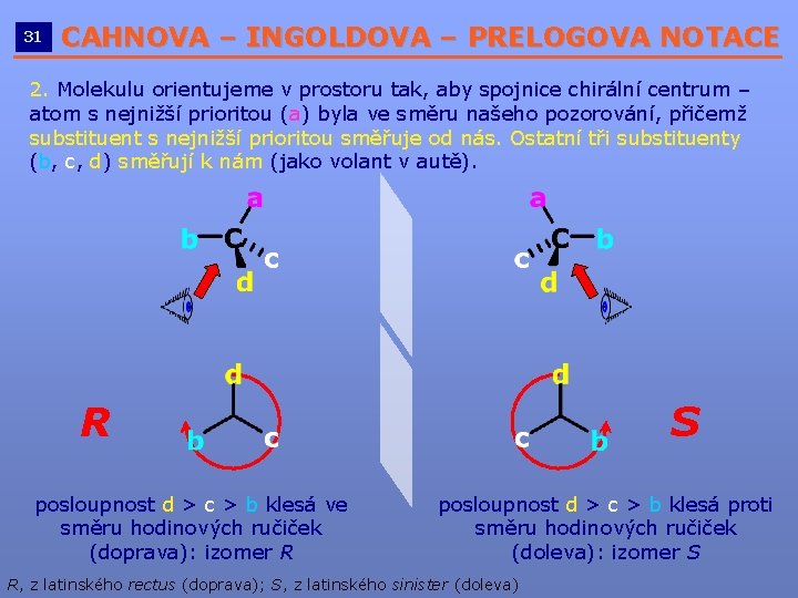 31 CAHNOVA – INGOLDOVA – PRELOGOVA NOTACE __________________________ 2. Molekulu orientujeme v prostoru tak, 31 CAHNOVA – INGOLDOVA – PRELOGOVA NOTACE __________________________ 2. Molekulu orientujeme v prostoru tak,