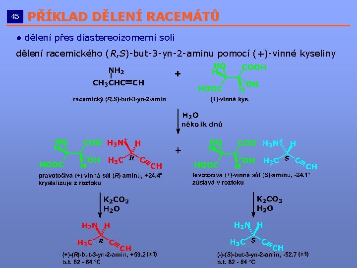 45 PŘÍKLAD DĚLENÍ RACEMÁTŮ __________________________ ● dělení přes diastereoizomerní soli dělení racemického (R, S)-but-3