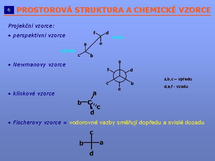 6 PROSTOROVÁ STRUKTURA A CHEMICKÉ VZORCE __________________________ Projekční vzorce: vzorce • perspektivní vzorce •