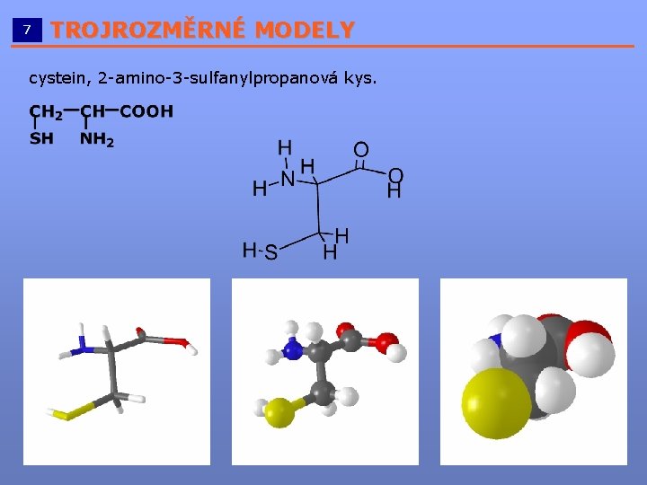 7 TROJROZMĚRNÉ MODELY __________________________ cystein, 2 -amino-3 -sulfanylpropanová kys. 7 TROJROZMĚRNÉ MODELY __________________________ cystein, 2 -amino-3 -sulfanylpropanová kys.