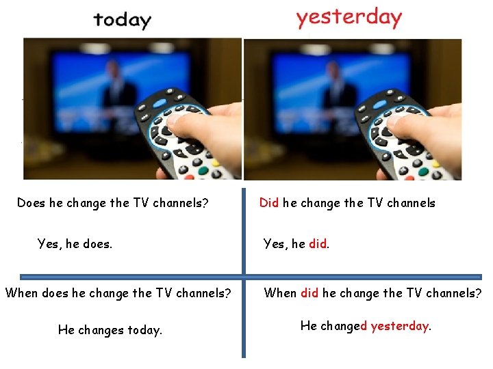 Does he change the TV channels? Yes, he does. When does he change the