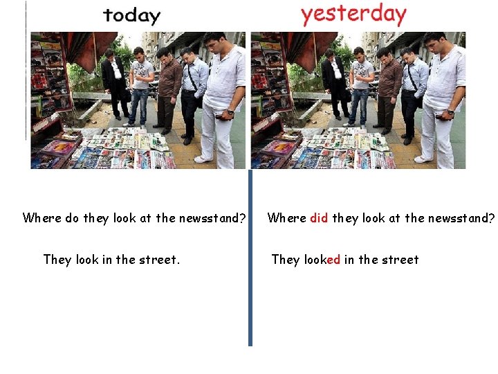 Where do they look at the newsstand? They look in the street. Where did