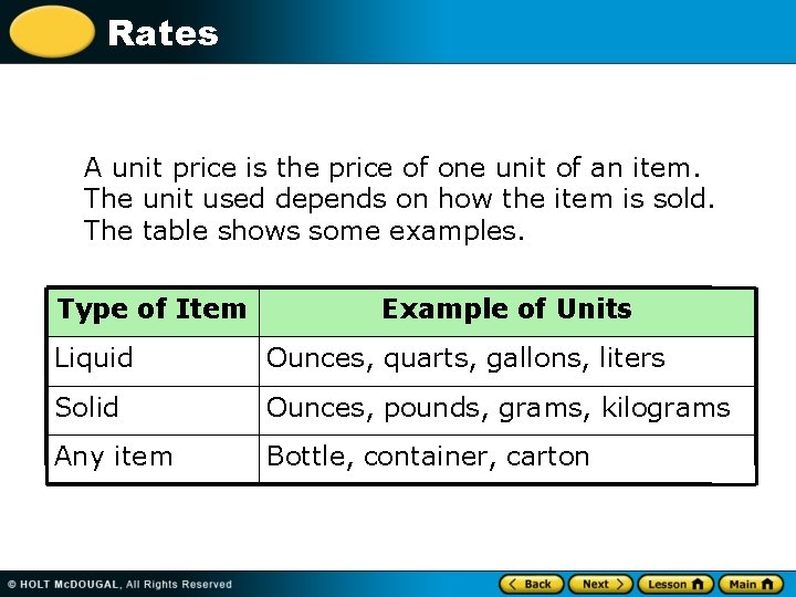 Rates A unit price is the price of one unit of an item. The
