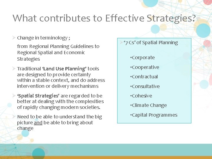 What contributes to Effective Strategies? Ø Change in terminology ; from Regional Planning Guidelines