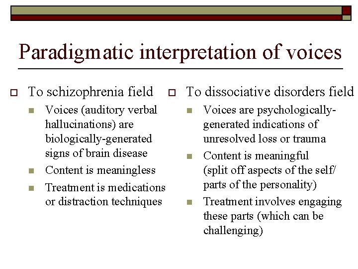 Paradigmatic interpretation of voices o To schizophrenia field n n n Voices (auditory verbal