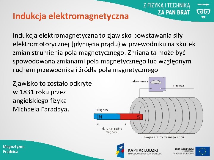 Indukcja elektromagnetyczna to zjawisko powstawania siły elektromotorycznej (płynięcia prądu) w przewodniku na skutek zmian